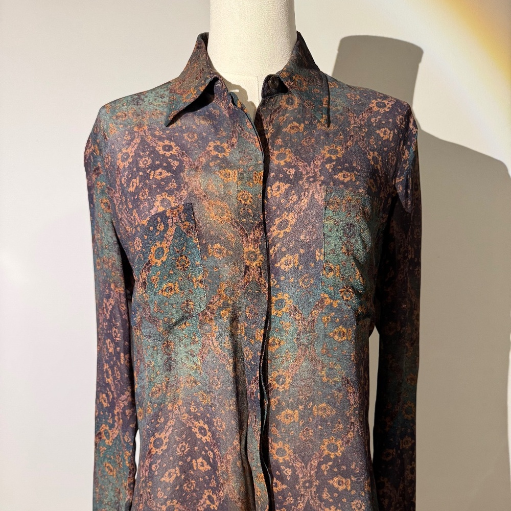 Peruvian Connection, Viscose Sheer Blouse, Green, Purple, Gold Blouse, Size S